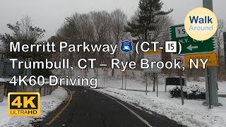 【4K60】メリットパークウェイ(Merritt Parkway)からニューヨーク州(New York State)まで雪の中を通り抜けてドライビング！