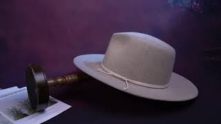 GRAY FEDORA HAT WITH A WHITE TIE.