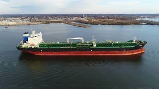 Aerial Drone Video of Oil Chemical Tanker Ship Pomer Delaware River Philadelphia