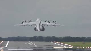 Airbus A400M combat short take off and bouncing backwards after extreme short landing