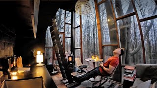 Relaxing ALONE in a Belgian Treehouse in RAIN [ Solo glam camping ASMR ]