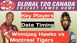 Global T20 Canada League 2018 2nd Match 2018 Winnipeg Hawks vs Montreal Tigers Match preview schedul