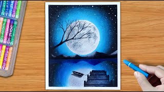 Drawing With Oil Pastel - Easy Moonlight Night Scenery Drawing With Oil Pastel