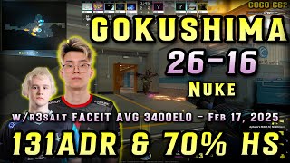 gokushima (26-16) w/r3salt on Nuke - 131ADR \u0026 70% HS - FACEIT AVG 3400ELO - Feb 17, 2025