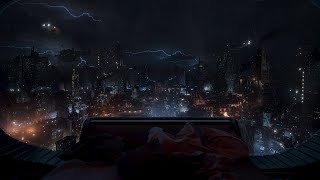 Deep Sleep In This Futuristic City View | Cosy Bed And Gentle Thunder For Sleeping | 4K