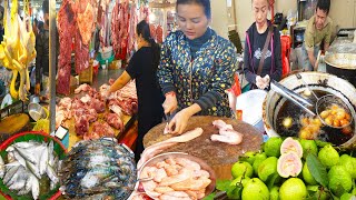 Cambodian Market Food @Pipup Thmei ChamkarDoung - Cambodian Sweets, Guava, Raw Meat, \u0026More