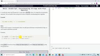 Lesson 26 - Concatenating String with plus operator - freecodecamp Lessons