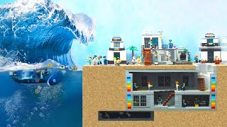 Tsunami Destroy LEGO Police Prison Island - Lego Dam Breach Experiment - Wave Machine Experiment