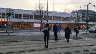 Suomi, Finland, Helsinki. Double pedestrian traffic lights (no green) on tram railway crossing (5)