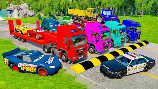 Quadruple Trucks Transporting cars with Flatbed Trailers | Cars vs Speedbump vs Train vs Pothole #4