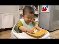 【1歳離乳食】ハンバーグとスープを食べるりっくんrikkun eating hamburger steak and soup