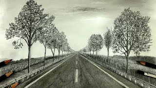 Drawing a realistic autumn road with pencil....