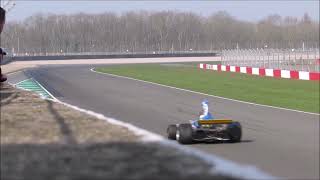 Masters Historic Matchbox F1 crash at Donington. Driver unhurt.