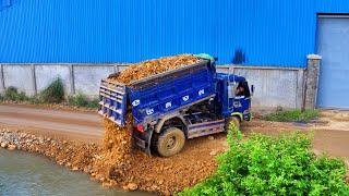 Start New Project Landfill Delete Pond Flooded !!! Bulldozer Push Stone , truck 5Ton Spreading Soil