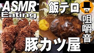 カキフライとハンバーグ定食[咀嚼音 飯テロ 外食 動画]豚カツ屋で食べるオヤジJapan