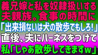 【スカッとする話】###義実家で義兄嫁と私を奴隷扱いする夫親族「出来損ないの嫁は犬の散歩でもしてこい！」言われた通りにハーネスを持って夫達に装着する→私「じゃあ散歩行きましょうか！」一同「え？」