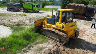 Perfect Project !! Water Landfill by D61EP Komatsu Bulldozer Pushing Soils Making Road & Dump Trucks