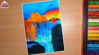 Waterfall Scenery Drawing With Oil Pastels - Step by Step