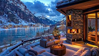 Warm Mountain Terrace Winter Ambience ❄️ Smooth Jazz, Crackling Fireplace & Snowfall for Relaxation⛄