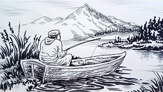 How to Draw a Fisherman in a Boat Fishing by the Lake – Stunning Hand-Drawn Illustration.