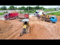 mitsubishi bd2x dozer pour soil to complete land with 5ton dump truck