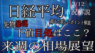 3/12【日経平均】先物暴落！下値目処はここ！調整後の銘柄選別は意識だが３月は後半に向けての反発はある？来週の相場展望考察！