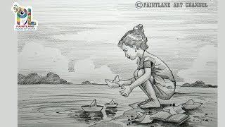 How to draw Scenery of A Girl with Paper Boats | Pencil Art