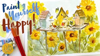 Paint Easy Watercolor Birds in a Sunflower Garden with Cute Whimsical Bird Houses