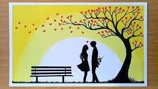 How to draw Romantic couple under love tree || Valentine's day drawing