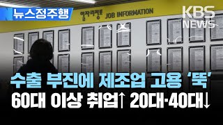 수출 부진에 제조업 취업자 15개월 만에 감소/1월 취업자 60세 이상 40만 명↑·20대 5만 명↓/[뉴스정주행] 2023년 2월 16일(목)/KBS