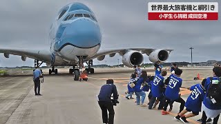 【速報】世界最大旅客機と綱引き 小学生ら挑戦、成田空港