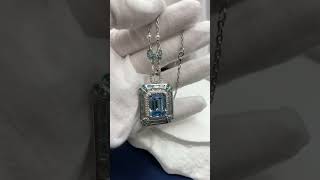 14ct Halo Emerald Cut Aquamarine Pendant Necklace