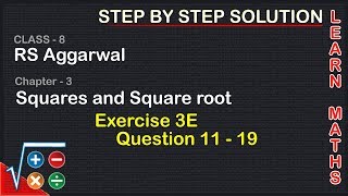 Square and Square roots| Class 8 Exercise 3E Question 11 - 19| RS Aggarwal|Learn maths