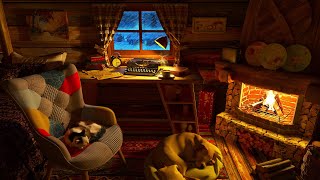 Cat & Dog in a Cozy Winter Cabin | Snowstorm Sounds, Snowfall, Wind, Fireplace for Deep Sleep, Relax