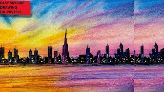 Skyline drawing tutorial, oil pastel drawing new york city