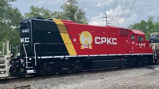 NEW CPKC Loco Paint Scheme!  2+ Mile Monster Train Straining Up Hill W/DPU Screaming! Trains Passing