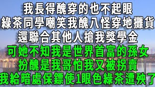 我長得醜穿的也不起眼，綠茶同學嘲笑我醜八怪穿地攤貨，還聯合其他人搶我獎學金，可她不知我是世界首富的孫女，扮醜是我哥怕我又被拐賣，我給暗處保鏢使1眼色綠茶遭殃了#風生水起#爽文#荷上清風