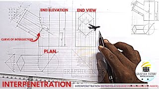 INTERPRETATION, INTERPENETRATION, CURVE OF INTERSECTION BETWEEN A SQUARE PRISM AND A CYLINDER.