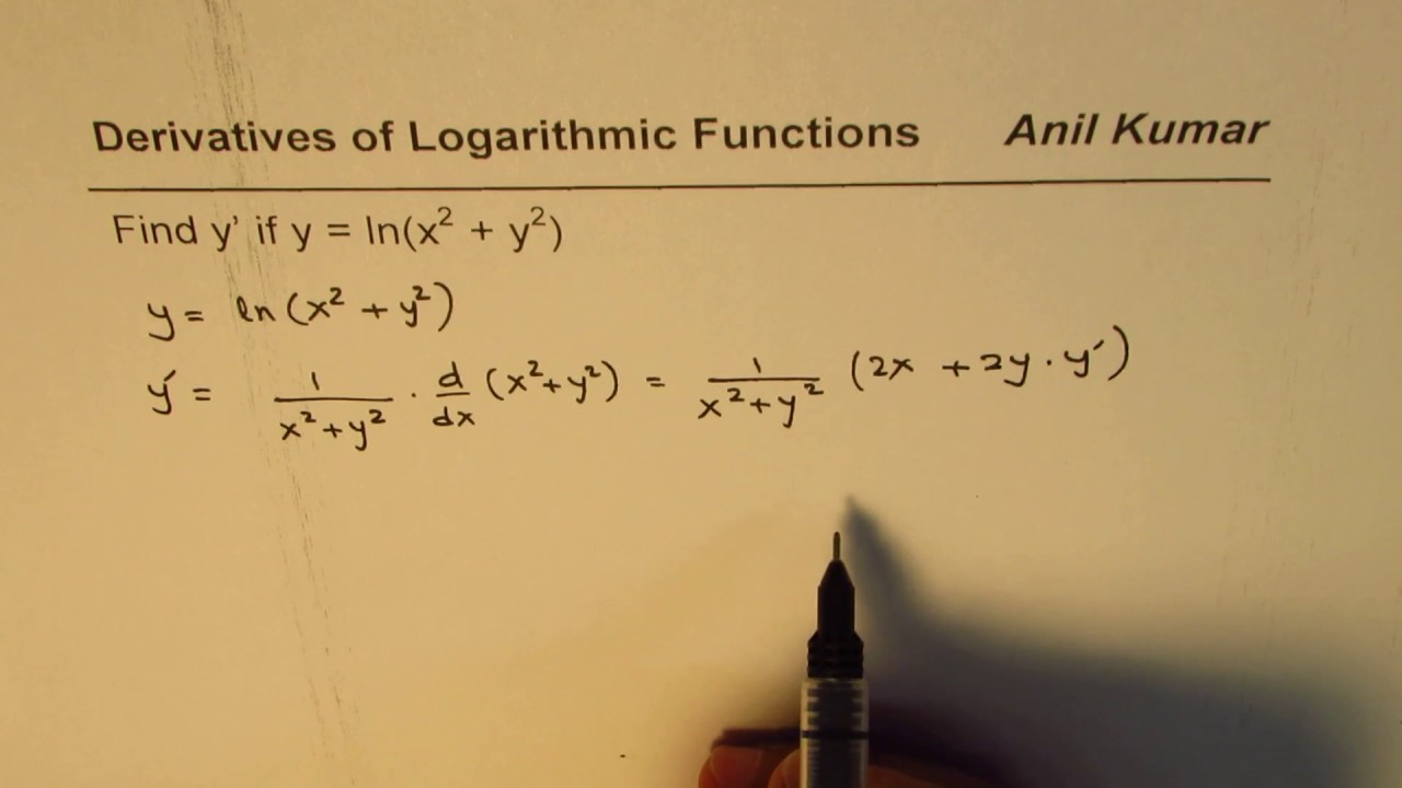 Implicit Derivation Of Logarithmic Function Y = Ln(x^2 + Y^2) - YouTube