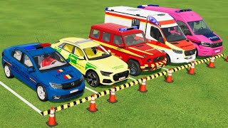 DACIA, AUDI, VOLKSWAGEN POLICE CARS \u0026 MERCEDES AMBULANCE EMERGENCY VEHICLES TRANSPORTING ! FS22