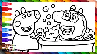 Draw and Color Peppa Pig Bathing Mommy Pig 🐷🛁🧽🧼🫧🌈 Drawings for Kids