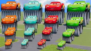 Big & Small Colors Lightning Mcqueen Double Monster Saw Wheels vs Trains | BeamNG.drive