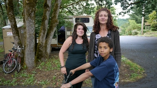 Homeless family lives in an RV in a church parking lot near Eugene, Oregon.