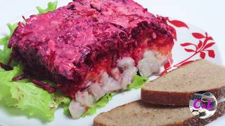 Preparation of herring under a fur coat. Traditional homemade meal with beet and mayonnaise