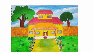 House Drawing | House Drawing Easy with Colour -  Beautiful House Drawing Easy Step by Step | Chitra