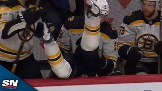 Senators' Brady Tkachuk Sends Vinni Lettieri Into Bruins' Bench With Massive Hit