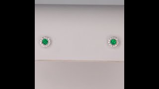 14K White Gold Emerald Stud Earrings With Diamond Halo .13 Carats