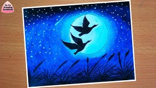 Love Birds Scenery Drawing for Beginners With Oil Pastels - Step by Step