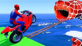 الأبطال الخارقين على القضبان دوامة قمع جسر SPIDER MAN!on Motorcycle in Spiral Bridge Stunt Ride🐱‍💻