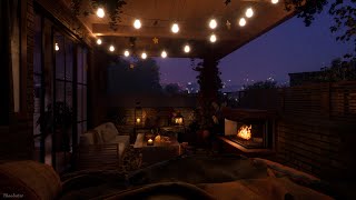 Cozy Balcony Ambience On A Rainy Fall Night | Rain, Crackling Fire, Cricket Sounds